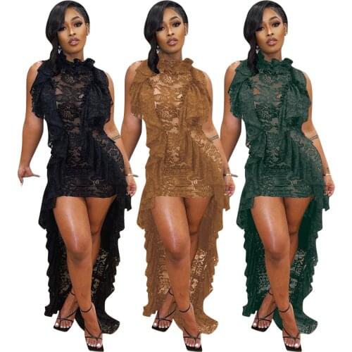 Women Lace See Through Floor Length Irregular Dress Sexy Lotus Leaf Collar Sleeveless Dresses Summer Bodycon Clubwear Vestidos