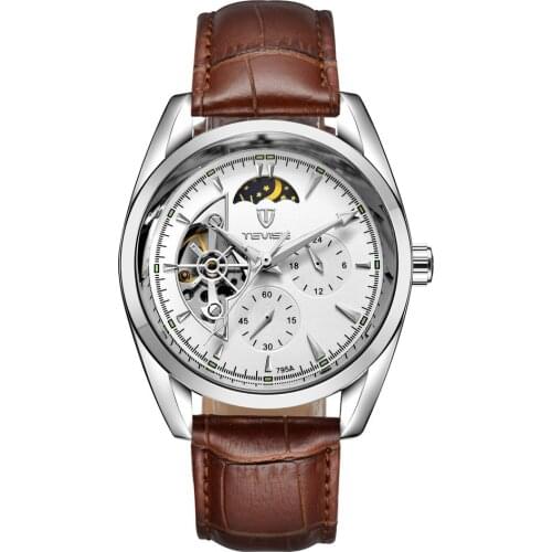 TEVISE Men Watch Tourbillon Automatic Leather Strap Watches Luxury Moon Phase Mechanical Waterproof Watch Hollow Out Dial