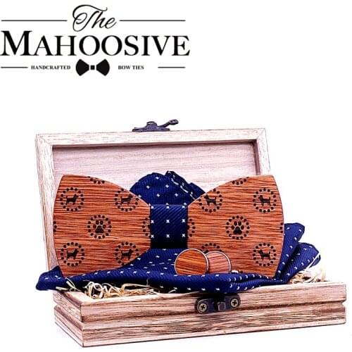 Wood bow tie Solid Business bowtie men vintage Dog Printed wood bow tie pocket square handkerchief cufflinks With box Set