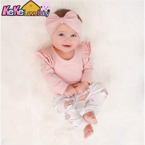 Baby Girl Clothes Set Autumn Cotton Long Sleeve Pink Sleeve Ruffle Bodysuit+Pants 3pcs/suit Newborn Toddler Baby Girls Clothing