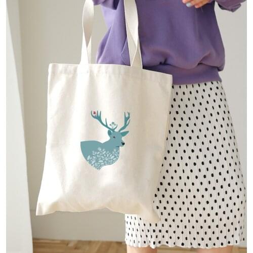 Deer Flower Cartoon Print Creative Cute Casual Eco Canvas Handbag Purse Pouch Shoulder Reusable Shopper Bag Cloth Foldable Sweet