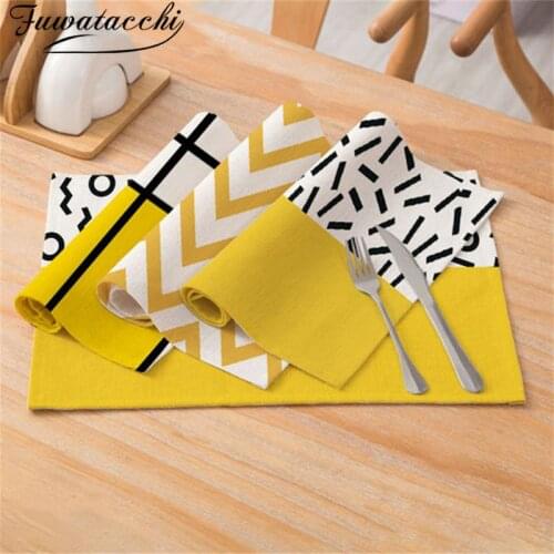 Fuwatacchi Yellow Geometric Striped Kitchen Placemats Polyester Dining Table Mats Cup Coaster Home Decoration Tableware Napkins