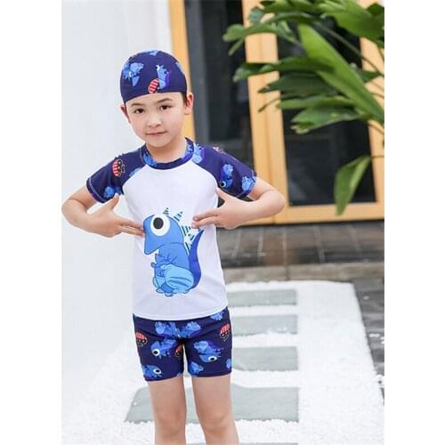 Children Boys Swimsuit Kids Cartoon Print Swim Trunks Swimming Cap Swimwear Three-piece Suits 2-12Years
