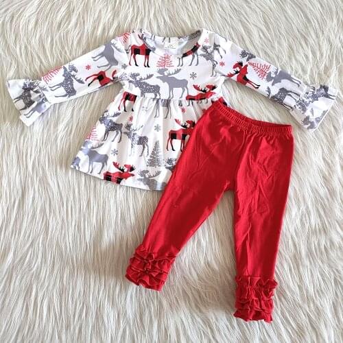 Hot sell kids fall winter long sleeve outfit girl Christmas cute clothing set baby girls deer pattern top and red ruffle pants