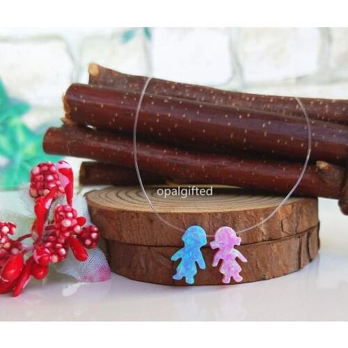 1pc/lot Fashion Synthetic blue boy & pink girl Shape Opal Necklace 925 Silver clasps Transparent Nylon Chain Opal kids Necklace