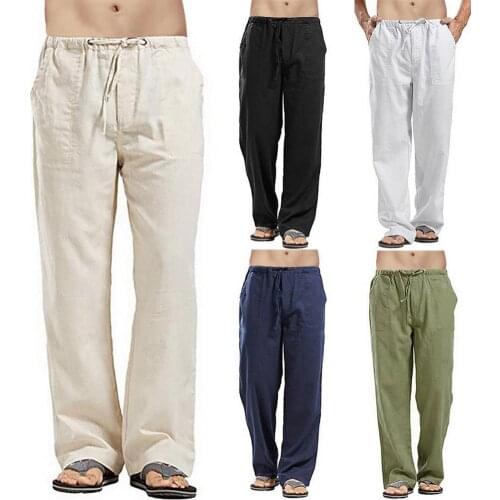 Men Casual Solid Color Long Pants Drawstring Pockets Straight Loose Trousers Summer Men Linen Multi-pocket Straight Casual Pants