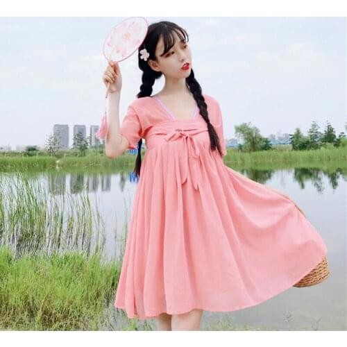 2020 Summer New Chinese-Style Chinese-Style Sweet Chiffon Pleated Short Sleeve Loose Waist Expandable Dress Women lolita dress