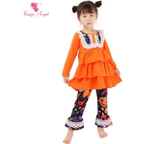 Kaiya Angel Girls Clothes Children Clothing 2017 Halloween Orange Pumpkin Kids Clothes With Lace Ruffles Top Pants Suit