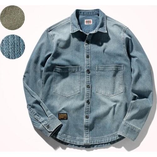 3302# Autumn Long Sleeve Lapel Cargo Shirt Mens Fashion American Style Vintage Casual Denim Shirt Slim Elastic Top Thin Coat