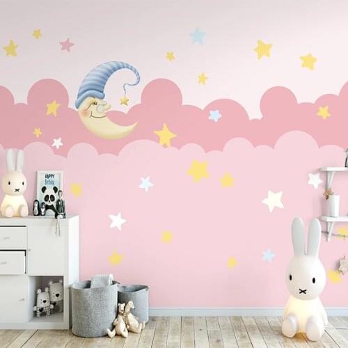 Custom 3D Wall Murals Modern Cartoon Pink Clouds Cute Moon Stars Mural Princess Room Girls Children Room Bedroom Photo Wallpaper