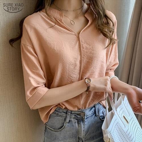 Casual Loose V Neck Blouse Women 2021 Summer Pullover Ladies Tops Blusas Office Plus Size Solid Elegant Chiffon Shirt 9998