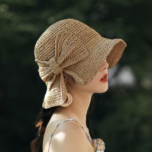 Handmade Weave 100%Raffia Bow Sun Hat Wide Brim Floppy Summer Hats For Women Beach Panama Straw Dome Bucket Hat Femme Shade Hat