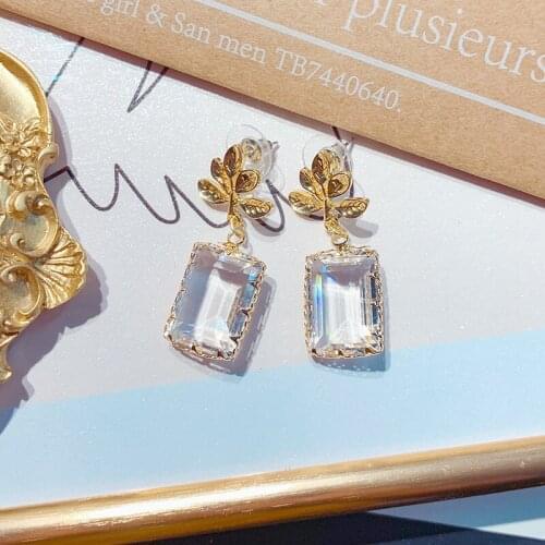S925 Needle Leaves Gold Color Crystal Drop Earrings Korean Style Ladies Fashion Geometry Dangle Earring Brincos L4E694
