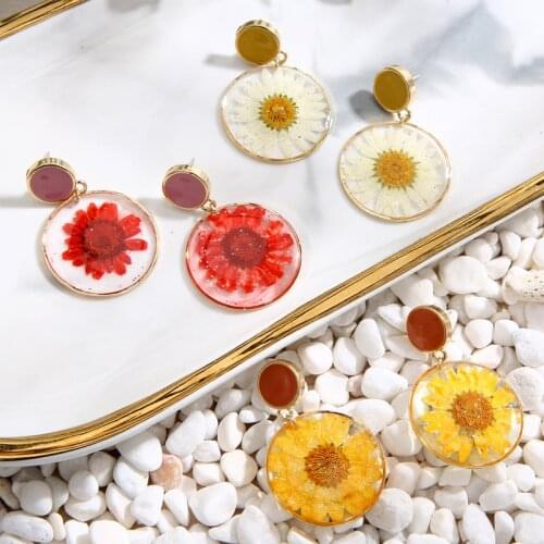 Korean Fashion Clear Resin Real Dye Flower Earrings for Women Girls Sunflower Round Geometric Drop Earring Wedding Party Jewelry