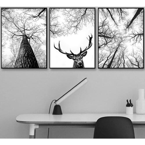 Scandinavian Black and White Tree Branch Print Hunting Posters Deer Antlers Wall Art Woodland Tree Canvas Painting Home Decor