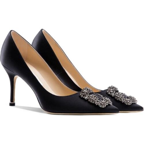 Black Silk Satin Rhinestones High Heels Shoes Woman Pumps Basic 2022 Crystal Diamond Buckle Fashion Party Sexy Women Shoes Pump