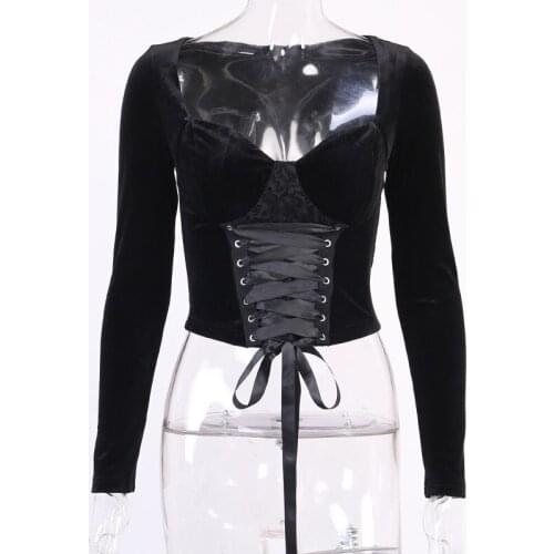 2021 Vintage Lace Black T Shirt Goth Aesthetic Long Sleeve Velvet T-shirt Women Harajuku Sexy Slim Bandage Long Sleeve Tops