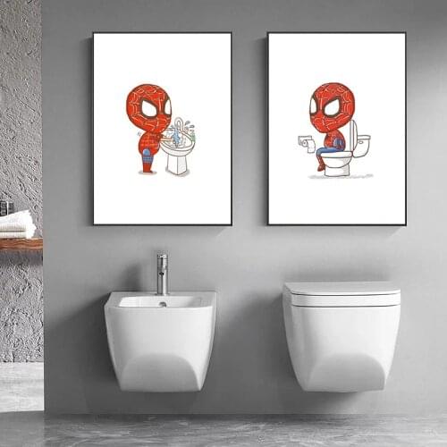 Funny Superhero Spider-man Brush your teeth Canvas Painting Cartoon Posters and Prints Wall Art Picture Boy Bathroom Decor