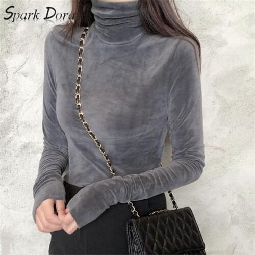 SparkDora womens clothing 2019 new arrival women spring autumn turtleneck soft nap t-shirts ladies long sleeve bottom shirts