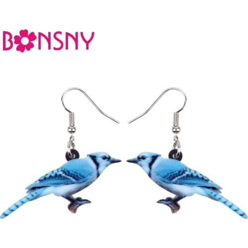 Bonsny Acrylic Sweet Blue Jay Bird Earrings Big Long Dangle Drop Fashion North America Animal Jewelry For Women Girls Teens Gift