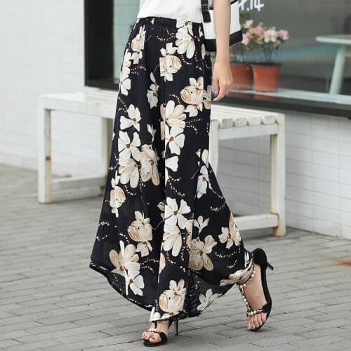 Womens Summer Casual Cotton Linen Retro Print Bohemian Wide Leg Pants High Waist Wide Legs Trousers Skirts Beach Holiday Pants