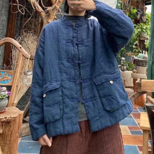 Johnature Women Warm Cotton Linen Vintage Gray Blue Parkas O-Neck 2021 Spring New Loose Retro Women Parkas