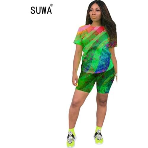 2020 Women new summer contrast print short sleeve t-shirt knee length shorts suit two piece set sporting tracksuit outfit