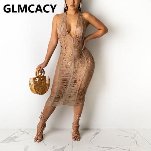 Women Halter Plunge V-neck See Through Sexy Beach Cover Up Dress