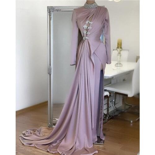 Elegant Mauve Mermaid Evening Dresses Full Sleeves High Collar Formal Party Dress Crystal Split Prom Gowns Vestidos De Fiesta