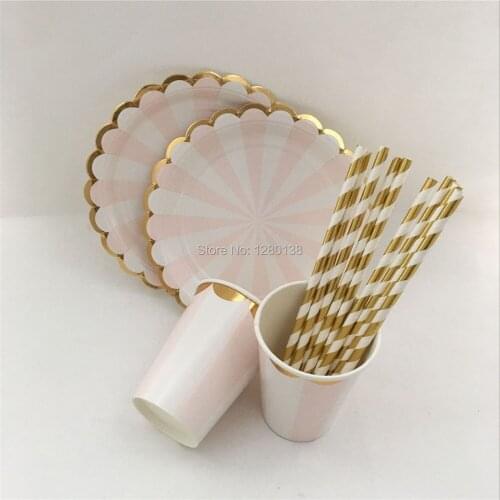 Gold Paper Tableware Pink Striped Dessert Plates Drinking Straws Cupcake Cups Party Napkins for Gold Foil Theme Event Party