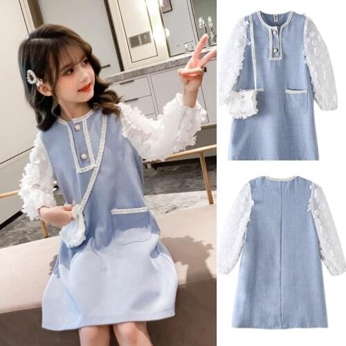 2020 New Girls Elegant Dress pocket Bag decoration lace Long Sleeve Girls Princess Elegant Kids Clothes