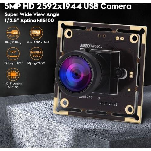 5Megapixel 2592X1944 38*38mm board 170 degree fisheye Lens wide angle USB CCTV Camera Module with Aptina MI5100 CMOS Sensor