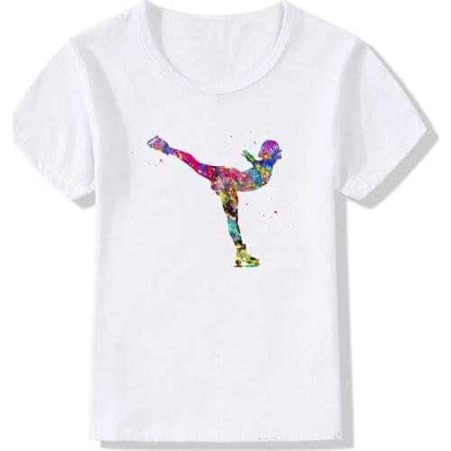 Watercolor ice skating girl print design kids t shirt cute summer tops girls clothes white DIY custom tshirt children t-shirts