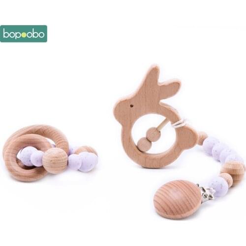 Bopoobo 3pcs/set Food Grade Wooden Animal Teether Pacifier Chain Baby Rattle Soother Bracelet Baby Cart Accessories Teether Set