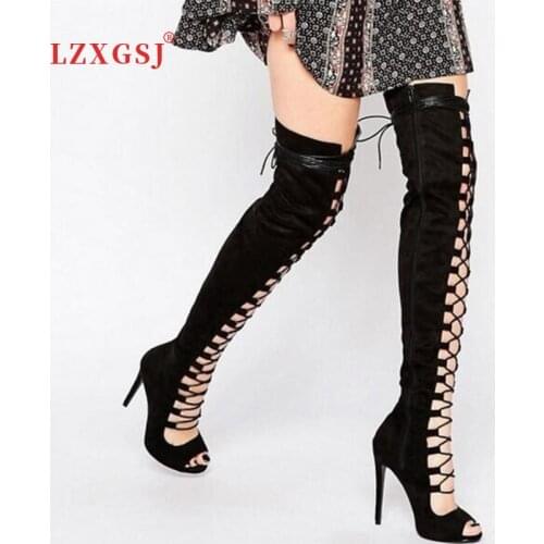 Black Sexy Over The Knee Boots Women Summer Thin High Heel Zipper Long Boots Ladies Fashion Shoes Female Peep-toe thigh Boots