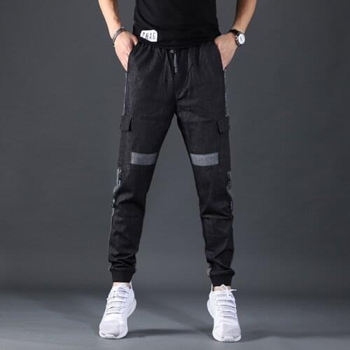2020 Summer Thin Harem Pants Patchwork Jeans Men Fashion Black Joggers Slim Fit Elastic Waist Trousers