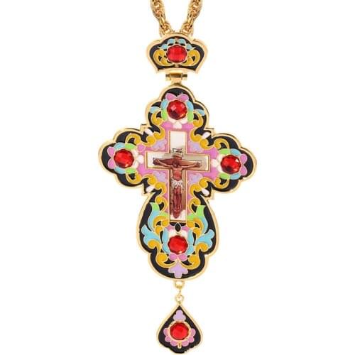 Colorful Enamel Printing Jesus Big Badge Cross Pendant Necklace Handmade Orthodox Pectoral Cross Rhinestone Necklace Baptismal