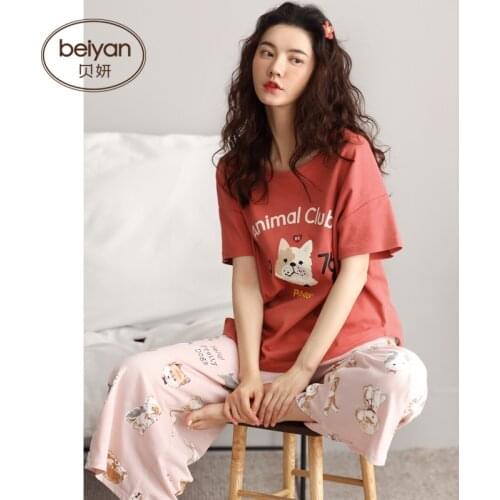 Summer Short-sleeved Pajamas Cute Cartoon Female Cotton Leisurewear Loose Thin Suit Set