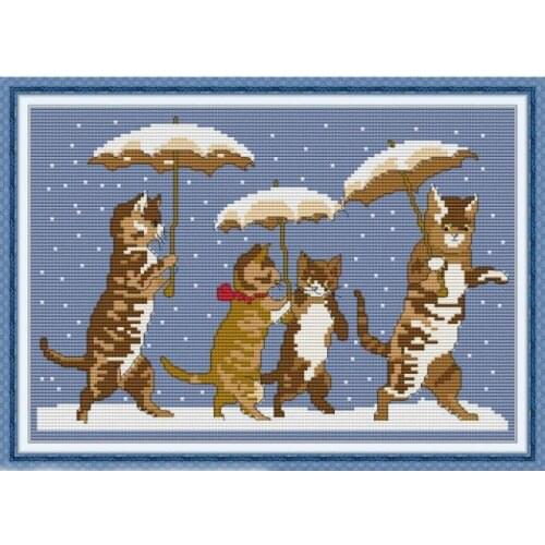 Kitten with Umbrella Joy Sunday Cross Stitch Kit 14CT 11CT Counted Cross Stitch Printed Handmade DIY Embroidery Needlework Sets