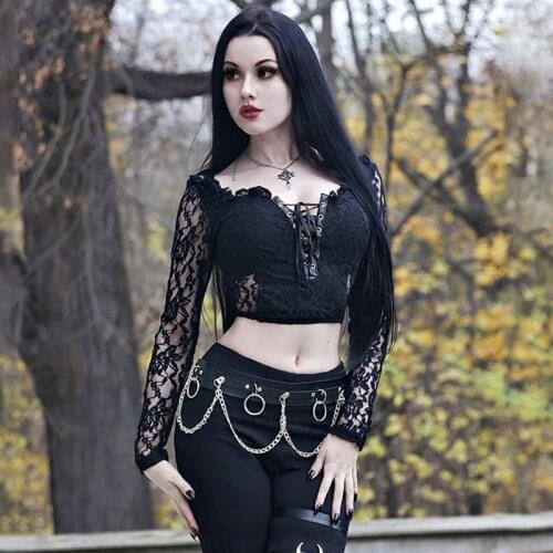 See Through Floral Lace Ruffles V Neck Lace Up Front Full Sleeve Short Black Gothic Top Sweet Sexy Tops For Women Clubwear 2020
