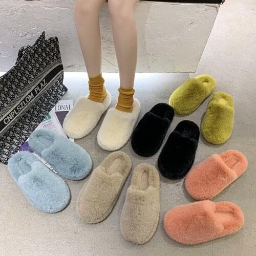 Winter Women House Furry Slippers Fashion Faux Fur Warm Shoes Women Slip On Flats Female Home Slides Black Plush Slippers