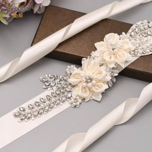 TOPQUEEN S479 Wedding Dress Strap Wide Female Belt Ivory Bridesmaid Dresses Belt Champagne Wedding Dress Flower Rhinestone Belt