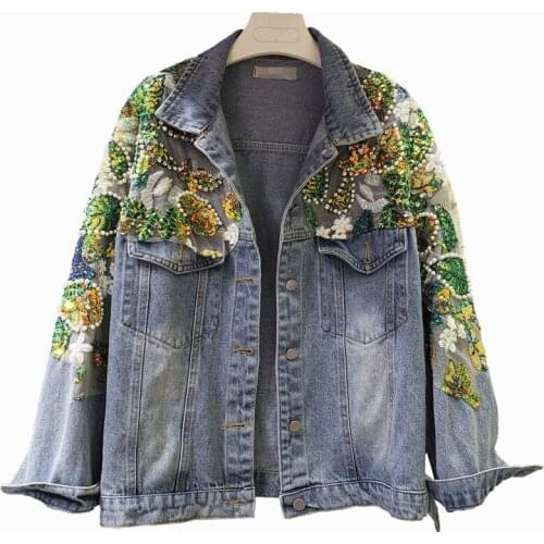 Heavy industry beaded diamond denim jacket women spring autumn lace stitching loose top outwear