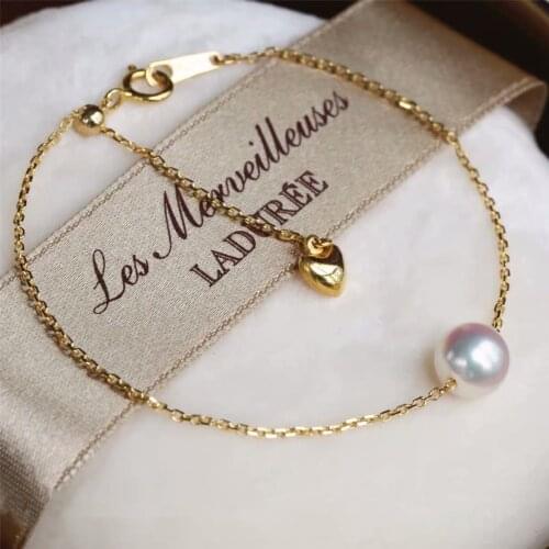 18K Solid Yellow Gold (AU750) Women Single grain bracelet chain Natural seawater pearl Fashion Lady