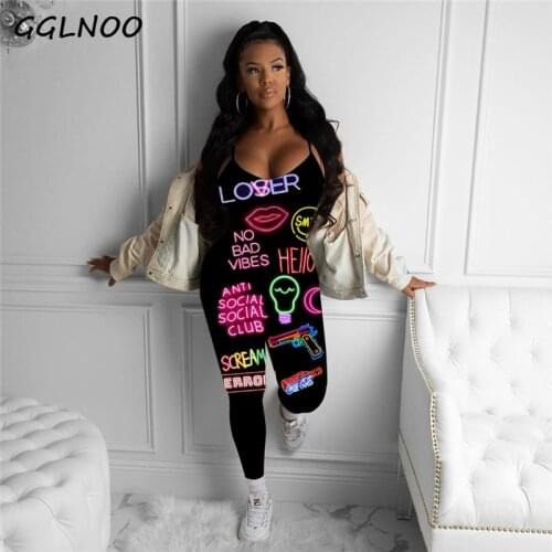 GGLNOO Letter Print Workout Active Wear Rompers Womens Sporty Sleeveless Fitness Spaghetti Strap Bodycon Jumpsuits GG23165