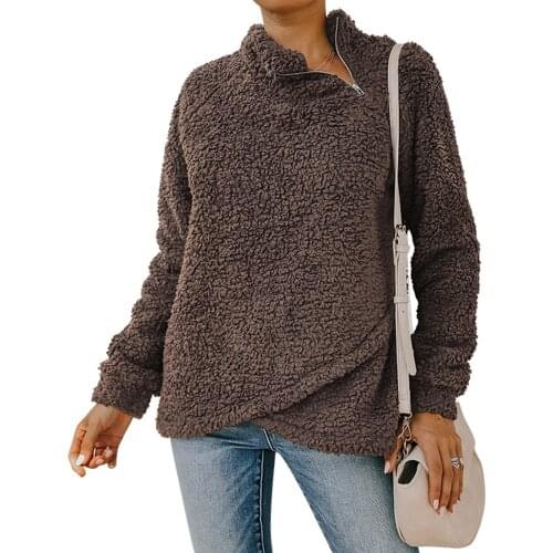 Women Simple Style Plush Pullover Solid Color Round Collar Long Sleeve Loose Tops, S/ M/ L/ XL
