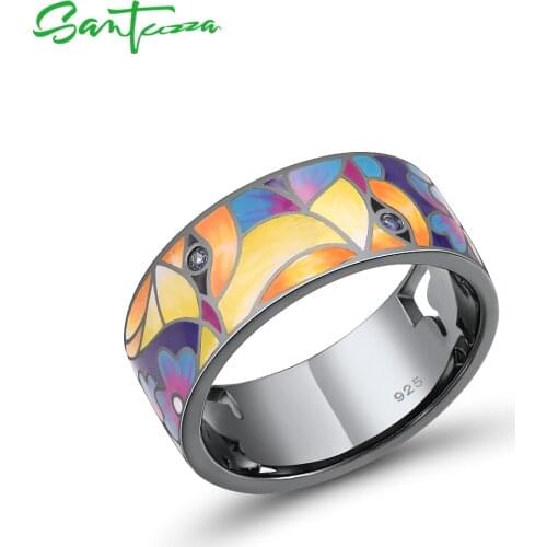 SANTUZZA Genuine 925 Sterling Silver Rings For Women Blue Spinel Bird Flower Enamel Rings Trendy Gifts Fine Jewelry Handmade