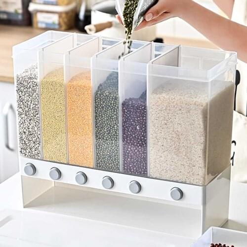 10KG Wall Mounted Divided Rice and Cereal Dispenser 6 Moisture Proof Plastic Automatic Racks Sealed Food Storage Box
