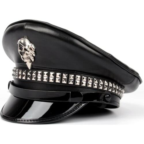 100% Leather Germany Officer Visor Cap Army Hat Cortical Military Hat Police Cap Cosplay Party Hats Halloween Hat Size M L XXL