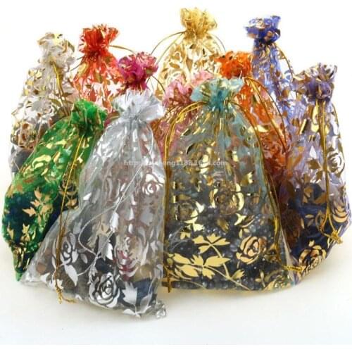 100pcs Jewelry Packaging Drawable 9 * 12cm Organza Sheer Gauze Element Pouches Bags Bronzing Rose Eugen Gift Candy Bags 7ZSH333